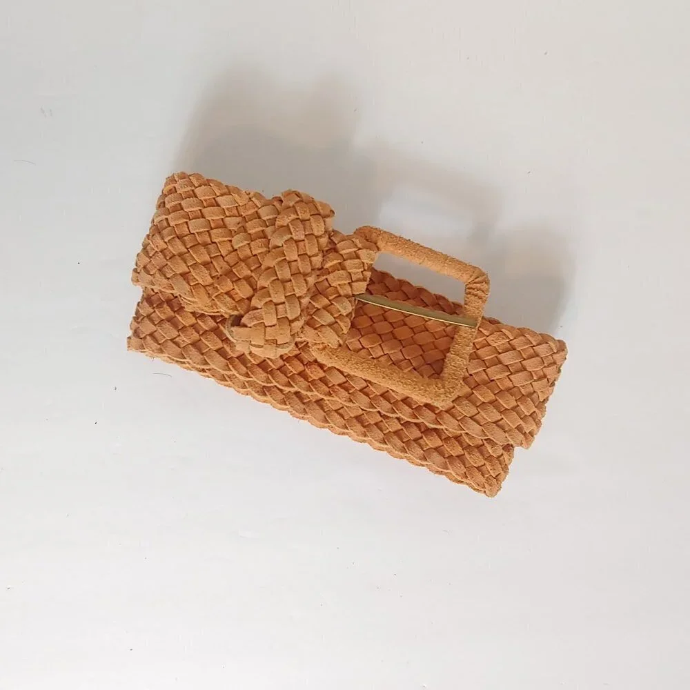 Vintage 70's 80's Leather Woven Belt Western Weave Boho Orange Brown‎